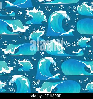 Sea coastal waves seamless pattern. Water flows with splashes and foam. Marine storm. Repeated print. Ocean tsunami. Blue fountains and aqua blowout Stock Vector