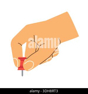hand holding a red push pin, perfect for reminders, notes, planning, office tasks, organization, calendars, and pinboard designs- vector illustration Stock Vector