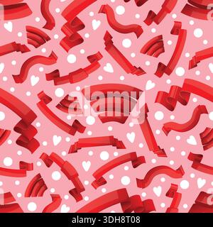 Red satin ribbons on pink background seamless pattern. Premium labels. Curved line flags. Repeated print. Holiday celebration tapes. Scrapbook stripes Stock Vector