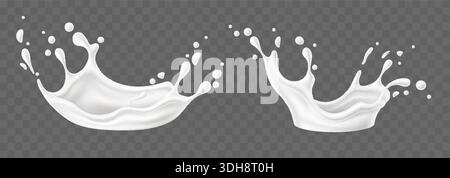 Realistic milk splashes. Liquid cream. White splashing on transparent background. Fresh dairy product. Milky wave splatter or flow. Yoghurt 3D drip Stock Vector