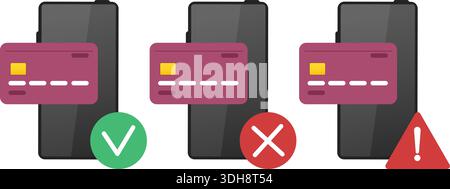 Phone with credit card, check mark, cross and an exclamation mark. Payment confirmation. Rejected transfer. Bank paying disallowed. Attention icon Stock Vector