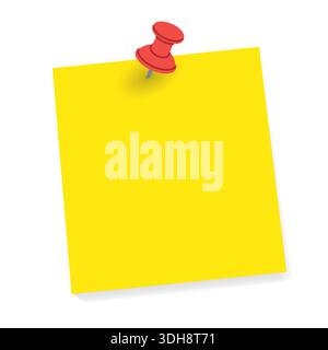 red push pin holding a yellow paper note, perfect for reminders, notes, calendars, office projects, presentations, websites, apps, and digital designs Stock Vector
