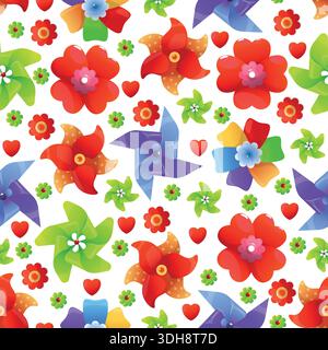 Multicolored toy fans on white background. Color pinwheels seamless pattern. Round spinning origami. Repeated print. Summer kids paper propeller Stock Vector
