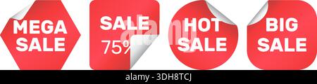 Red stickers with peeled corners. Discount price tag. Shopping sale. Shop promo icon. Sticky label with folded edge. Marketing stamp. Special offer Stock Vector