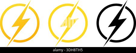 Lightning bolt icon in circle. Yellow or black silhouette thunderbolt power. Thunderstorm blasts. Energy charge. Thunder zigzag. Electricity voltage Stock Vector