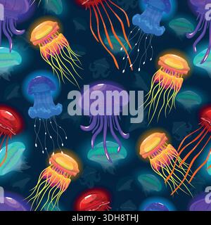 Neon jellyfish float in depths of ocean seamless pattern. Underwater animals. Luminous inhabitants of seabed. Undersea invertebrate creatures. Jelly Stock Vector