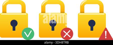 Icon of gold lock with green checkmark, red cross or exclamation mark. Access allowed or forbidden. Security protection. Attention icon. Privacy check Stock Vector