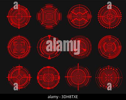 Futuristic optical aims. Red sights for firearms. HUD icons. Military simulator. Neon target. Round game symbols. Camera viewfinder. Bullseye Stock Vector