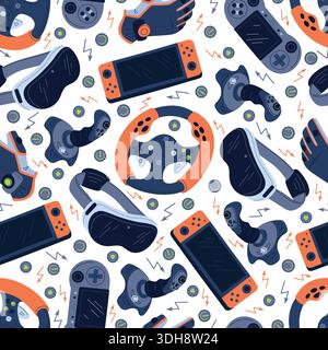 Game consoles and joysticks seamless pattern. Video gaming controllers. Gamers gadgets. Repeated print. Cybersport gamepads. Arcade joypads. Wireless Stock Vector