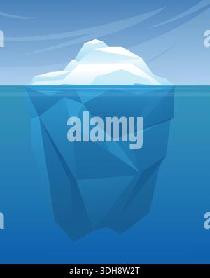 Iceberg made of snow and ice floats in cold ocean water. Icy chunks. Arctic rocks. Big underwater portions. Drifting polar bergs. Frozen glaciers Stock Vector