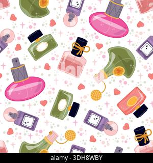 Womens perfume seamless pattern. Scented liquid in different glass bottles. Aroma cosmetics. Luxury pump flacons. Repeated print. Toilet water and Stock Vector