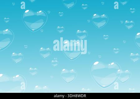 Soapy air bubbles of foam from soap or shampoo in shape of love heart rise into sky. Suds seamless pattern. Detergent froth reflection. Romantic blue Stock Vector