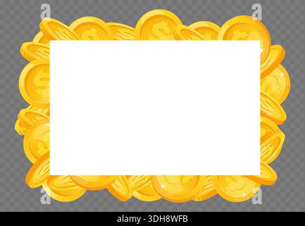 White poster framed with gold coins around edges. Wealth and fortune success. Vector blank banner on transparent background Golden cash dollars border Stock Vector