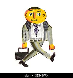 A man in a suit is walking with a briefcase. He looks unhappy. The image is a cartoon drawing Stock Photo