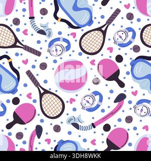 Sports equipment for active recreation. Athletic seamless pattern. Tennis racket. Ping pong ball. Snorkel goggles. Repeated print. Hiking compass Stock Vector