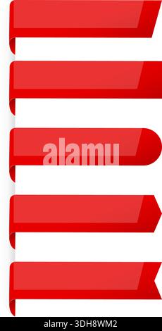 Red corner tapes. Bookmark ribbon. Sale stripe. Discount promotion. Bestseller icon. Special offer badge. Premium quality. Silk edge band. Award Stock Vector