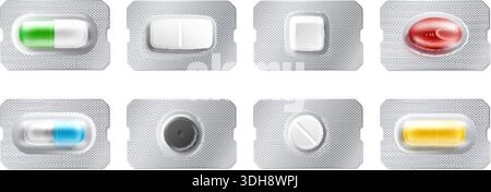 Realistic blister packs pharmaceutical with tablets and capsules. Medical painkiller. Prescription remedy 3D package. Antibiotic wrap top view. Vector Stock Vector