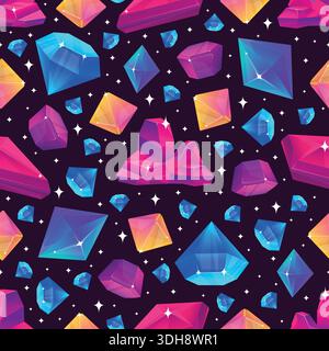 Precious stones seamless pattern. Brilliant crystals. Shiny diamonds. Emeralds or rubies facets. Treasure sapphires. Jewel amethysts. Repeated print Stock Vector