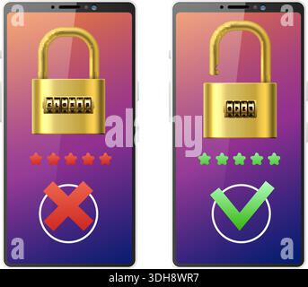 Realistic smartphone with locked and unlocked screen. Access and blocking to phone database. Username verify. Verification for secure. Users input Stock Vector
