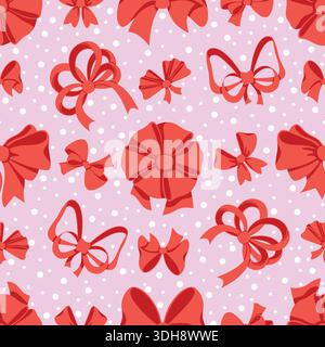 Red bows made of satin ribbons. Surprise silk knots seamless pattern. Birthday present tied stripe for gift wrapping. Scarlet tapes. Repeated print Stock Vector