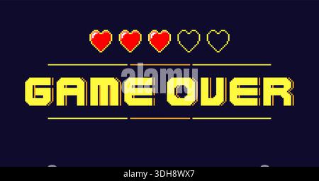 Pixel text with red heart on dark background. Game over inscription. Life bar in computer GUI. Failure console graphic. Pause UI. Character death Stock Vector
