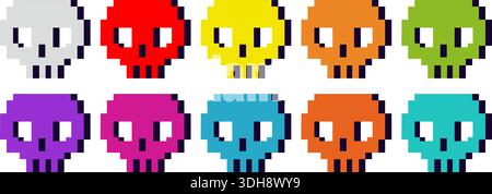 Multicolored pixel icons of human skulls on white background. 8 bit heads. Game death. Arcade life. Danger skeleton. Halloween retro element. Scary Stock Vector