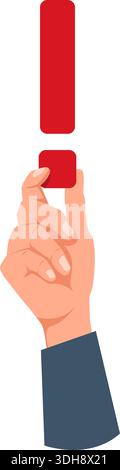 Hand holds red exclamation mark. Attracting attention. Important information. Caution notification. Reminder or alert icon. Punctuation symbol. Arm Stock Vector