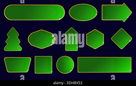 Gold frame templates with green center for discount. Christmas sales. Advertising design. Rectangular or round empty borders. Fir tree banner. Arrow Stock Vector