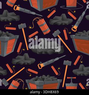 Mining tools for coal extraction. Work equipment seamless pattern. Hammer and jackhammer. Repeated print. Dynamite bomb with detonator. Wooden trolley Stock Vector