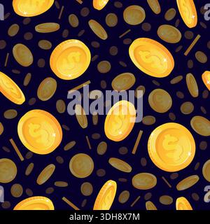 Gold coins with dollar sign falling from above seamless pattern. Money rain. Financial success or casino jackpot win. Precious metal cash. Repeated Stock Vector