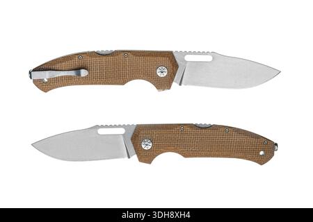 Two folding pocket knives with brown handles isolated on white background. Stock Photo