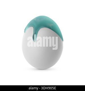 Turquoise paint down dripping egg on white background. Easter celebration Stock Photo