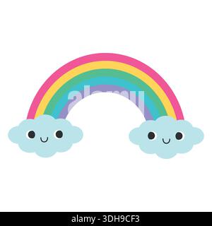 Cute rainbow with smiling clouds. Isolated on a white background. Hand-drawn. Vector illustration. Stock Vector