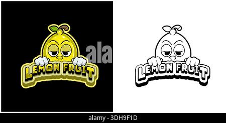 Lemon fruit cartoon logo with  text and a high expression. Full color and black and white design. Stock Vector