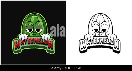Watermelon fruit cartoon logo with  text and a high expression. Full color and black and white design. Stock Vector