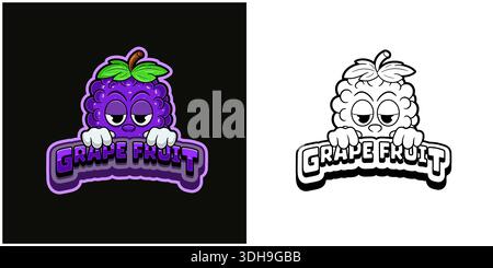 Grape fruit cartoon logo with  text and a high expression. Full color and black and white design. Stock Vector