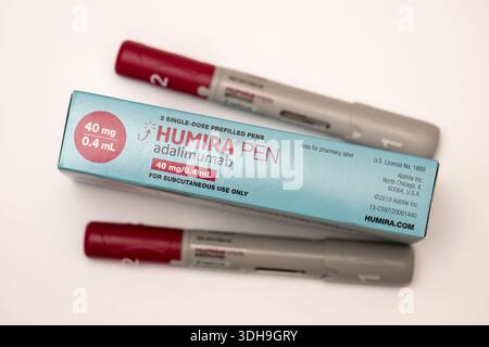 Still life of a Humira pen. Adalimumab injection pens. It is an ...
