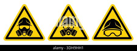 Set of caution signs featuring respirator masks and safety helmets on yellow triangles. Perfect for safety awareness and workplace protection themes. Stock Vector