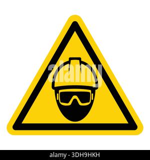 This graphic shows a safety warning sign featuring a hard hat and goggles in a triangle shape, symbolizing the importance of safety gear in the workpl Stock Vector
