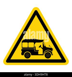 Yellow caution sign illustrating an auto rickshaw, indicating traffic alerts in urban settings for enhanced safety and awareness. Perfect for transpor Stock Vector