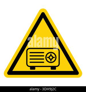 This image features a clear warning sign depicting a projector within a triangle shape. The bright yellow color signifies caution and alerts viewers t Stock Vector