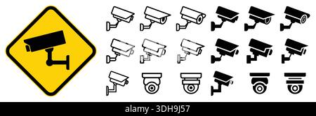 A detailed collection of security camera icons alongside a prominent warning sign. Perfect for themes related to safety, surveillance, and crime preve Stock Vector