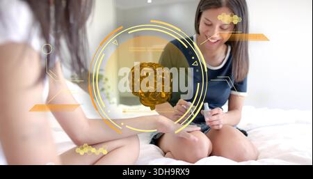 Applying adult dark-top painting teen fingernails with polish-bottle on white bed, AR brain HUD Stock Photo