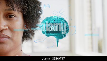 Gazing mid-adult woman studying teal 3D brain labeled AI with faint UI overlays, near tall windows Stock Photo