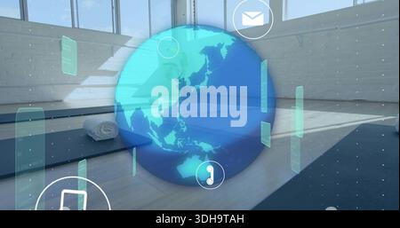 Hovering translucent blue 3D globe showing Asia Pacific over yoga studio, with mat and AR icons Stock Photo