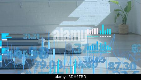 Displaying three yoga mats lying parallel on wood floor, with rolled white towels, digital overlays Stock Photo