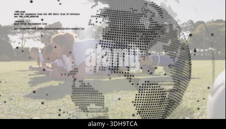 Performing low plank, female team on grassy field in kits with ball, dotted-globe and code overlays Stock Photo