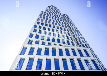 Berlin skyscraper Upper West, modern architecture with glass facade and window grid, low angle view, Charlottenburg, Berlin, Germany. Stock Photo