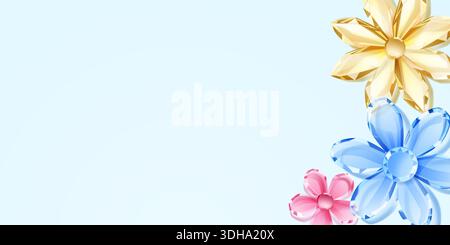 Illustration of crystal flowers in shades of gold, blue, and pink on a light blue background. Stock Vector