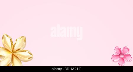 Illustration of golden and pink crystal flowers on empty soft pink background with shiny style and pastel color. Stock Vector
